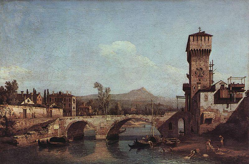 Bernardo Bellotto Capriccio Veneto, Flub, Brucke und mittelalterliches Stadttor China oil painting art